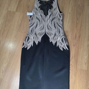 NWT!! Tadashi Shoji Black and Cream Embroidered Midi Dress